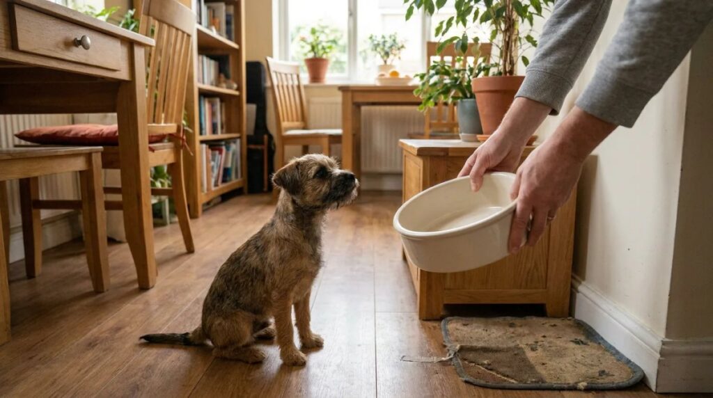 A small terrier puppy watches an owner bring a bowl to its feeding area