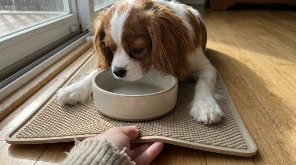 A Cavalier puppy approaches a low dish on a washable mat