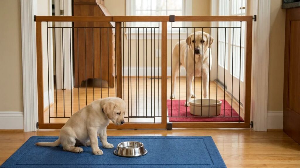 A Labrador puppy and adult have separate bowls on opposite sides of a pet gate