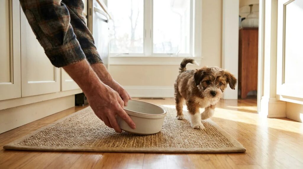 An owner collects a bowl while a puppy waits nearby