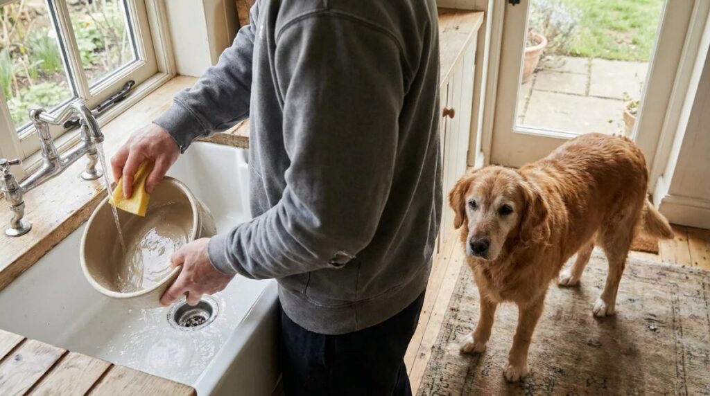 An owner washes a dog’s bowl at the kitchen sink