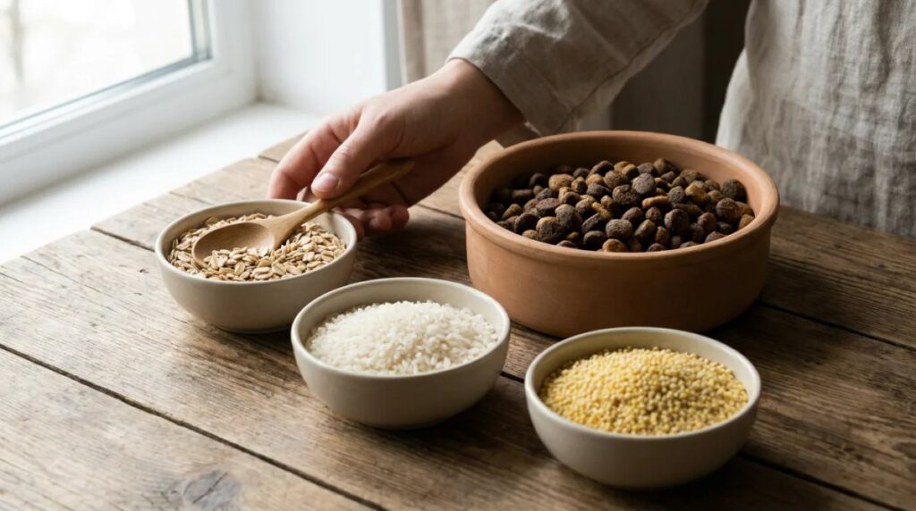 Bowls of rice, oats, millet, and dry kibble on a wooden counter.