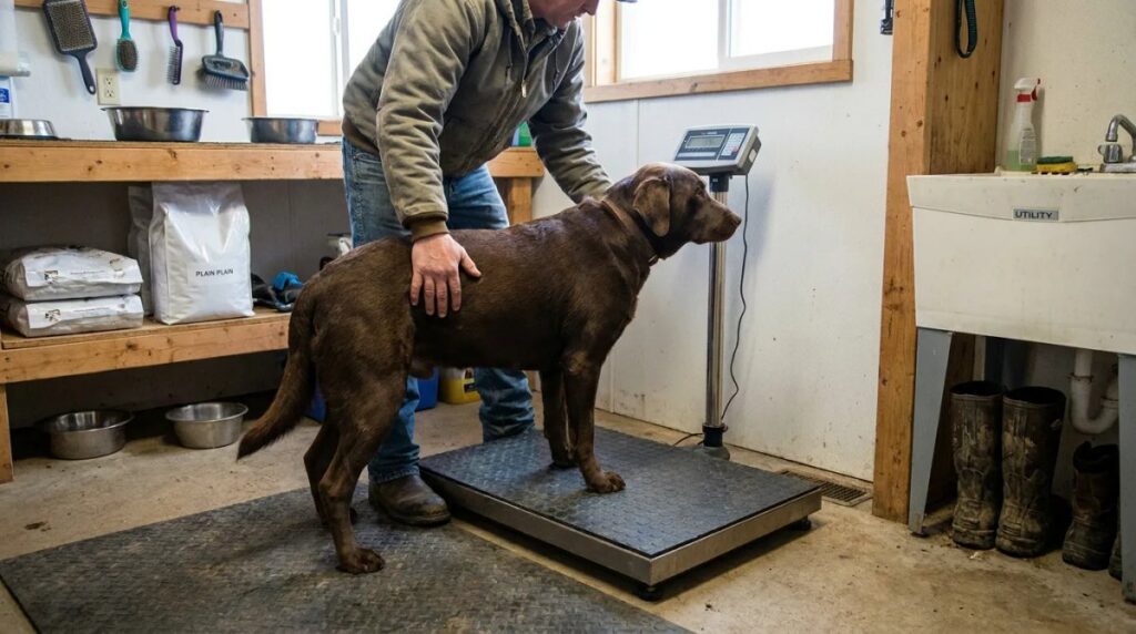 A dog stands on a veterinary scale beside its handler.