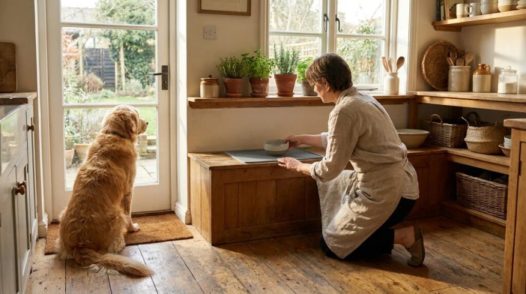 A person sets a bowl on a feeding mat while a dog waits.