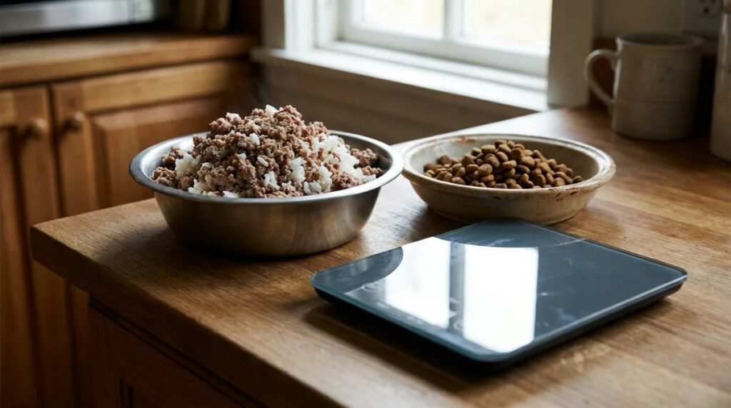 Separate portions of moist and dry dog food beside a digital kitchen scale.