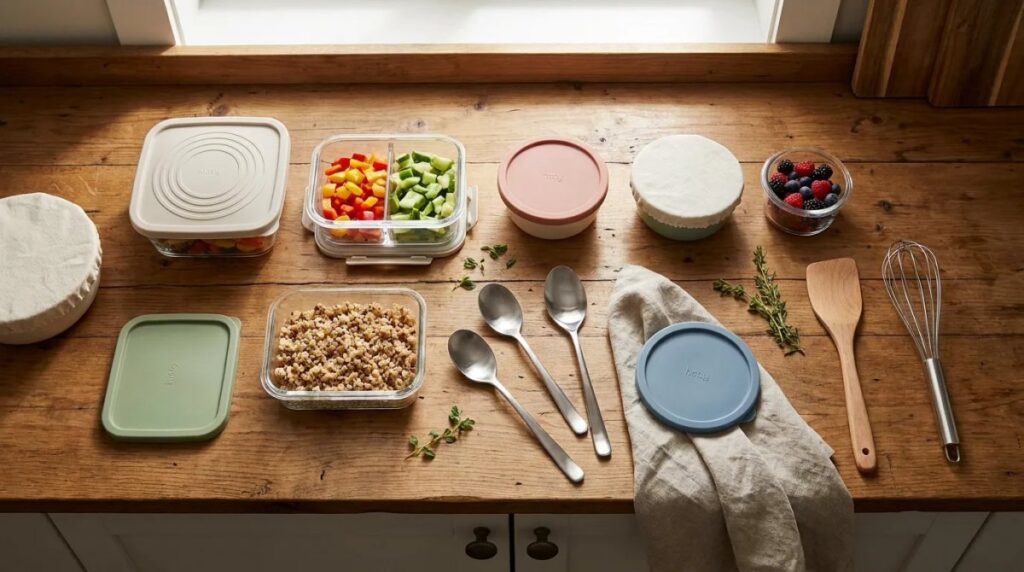 Small covered meal containers and measuring utensils on a countertop.