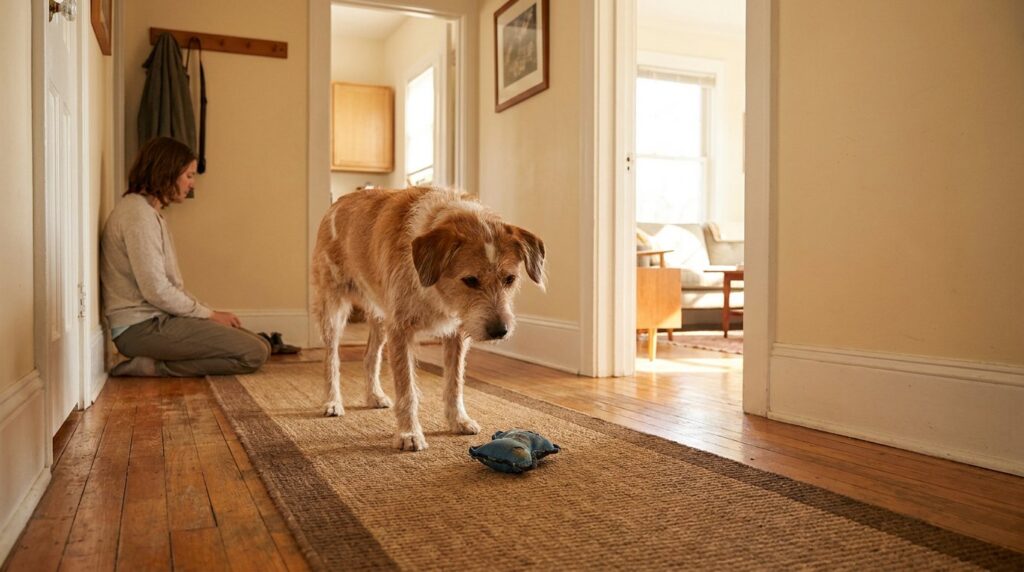 A tan dog stands beside a floor runner and toy while its owner sits nearby.