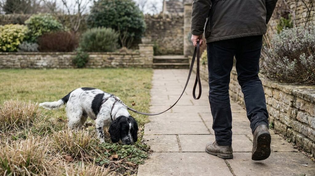 A black-and-white dog sniffs beside a level garden path on a loose leash.