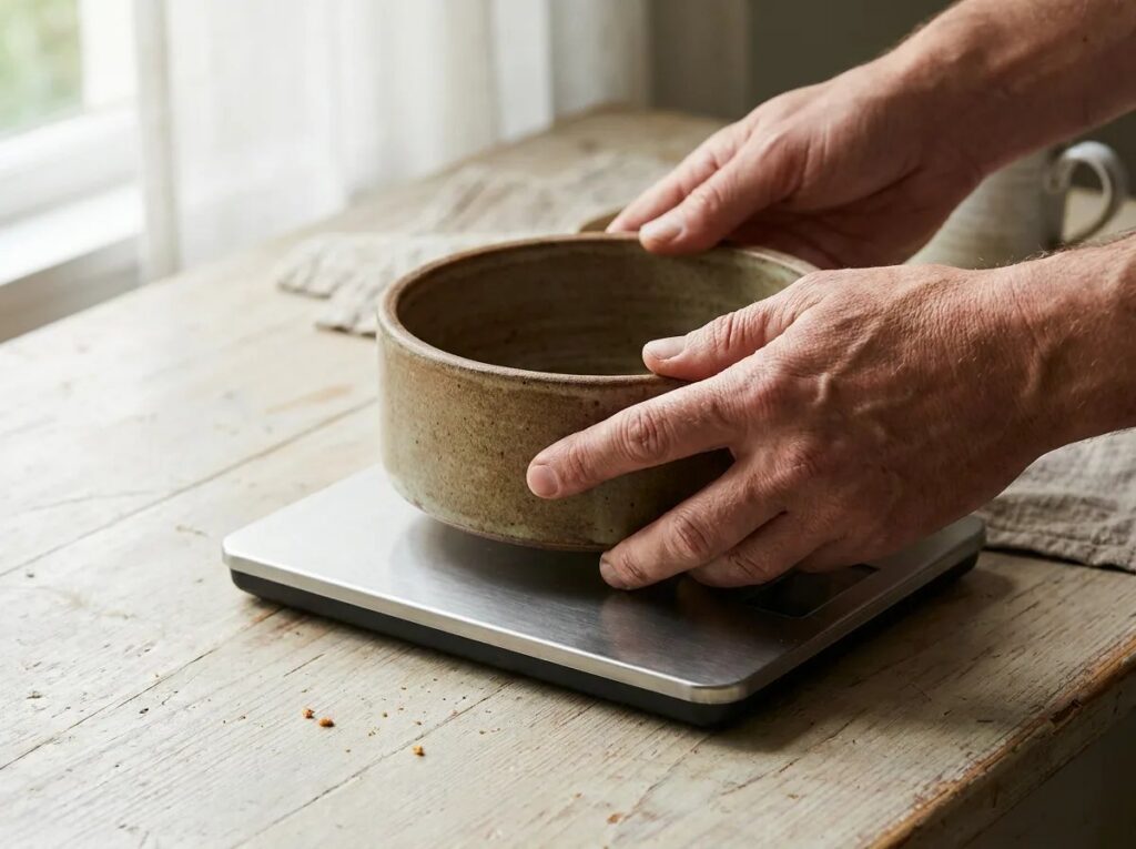 Hands placing an empty ceramic dog bowl on a kitchen scale.