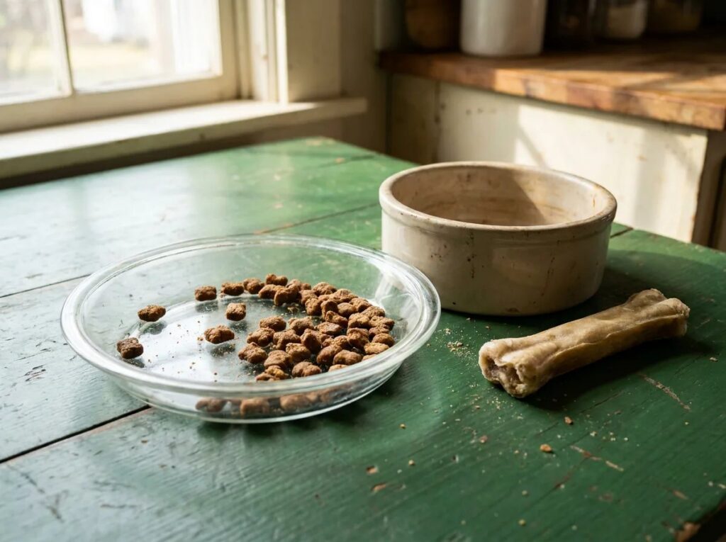 Training treats in a glass dish beside an empty bowl and a dog chew.