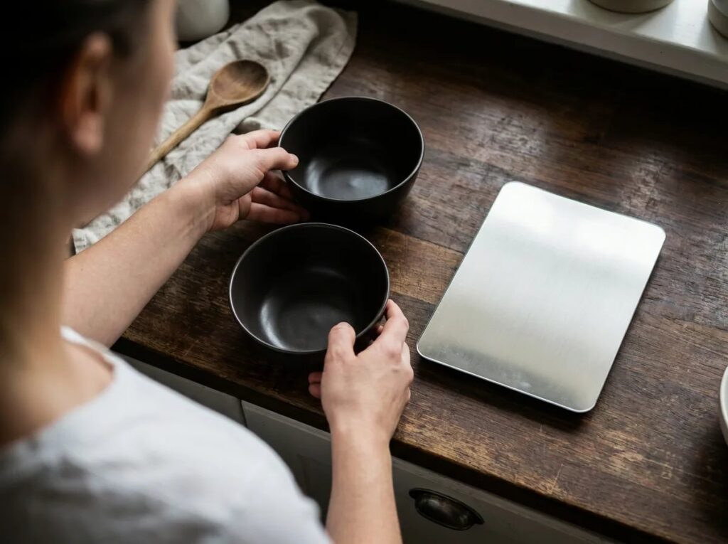 Owner arranging two empty dark bowls beside a kitchen scale on a wooden counter.