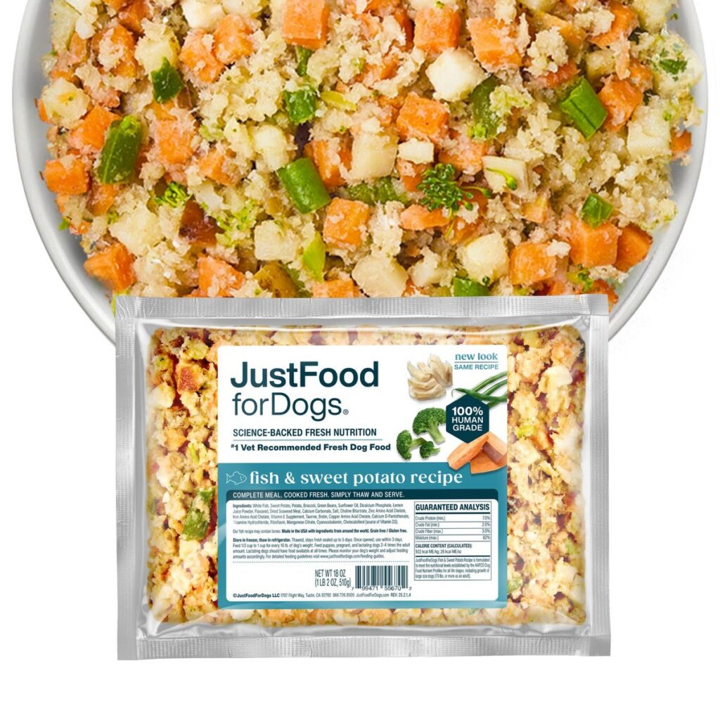 JustFoodForDogs Fish and Sweet Potato recipe pouch with a bowl of the cooked meal