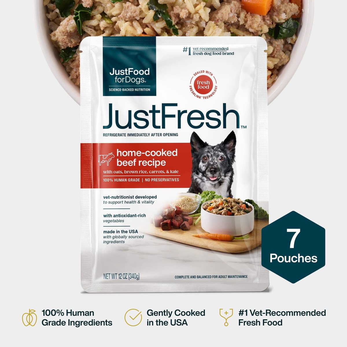 JustFoodForDogs JustFresh Beef package and prepared meal
