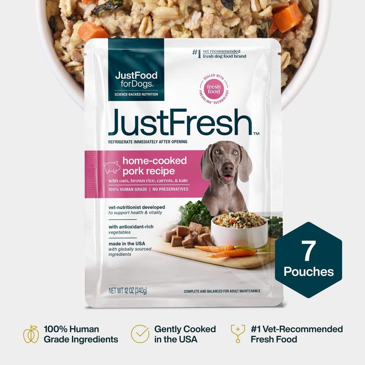 JustFoodForDogs JustFresh Pork package and prepared meal