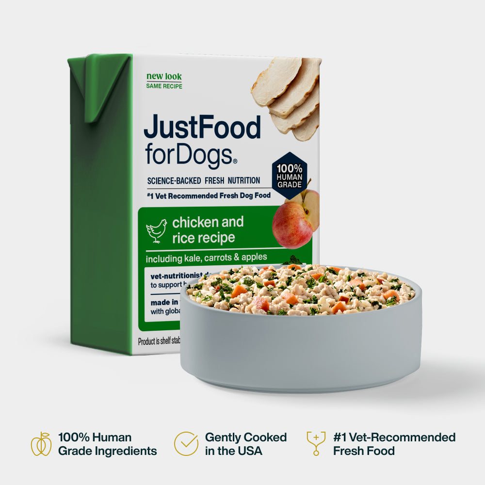 JustFoodForDogs PantryFresh Chicken and Rice carton with a bowl of the meal