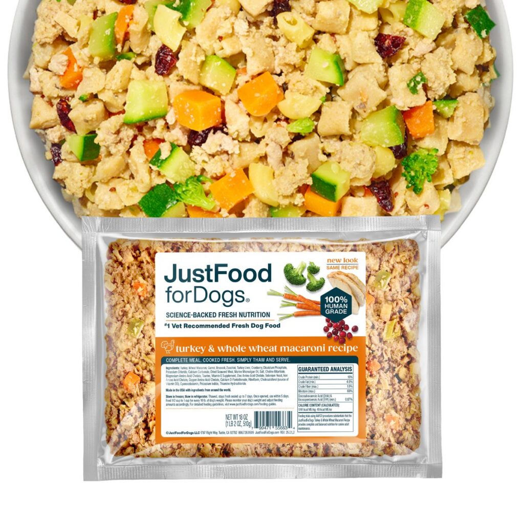 JustFoodForDogs Turkey and Whole Wheat Macaroni recipe pouch with a bowl of the cooked meal