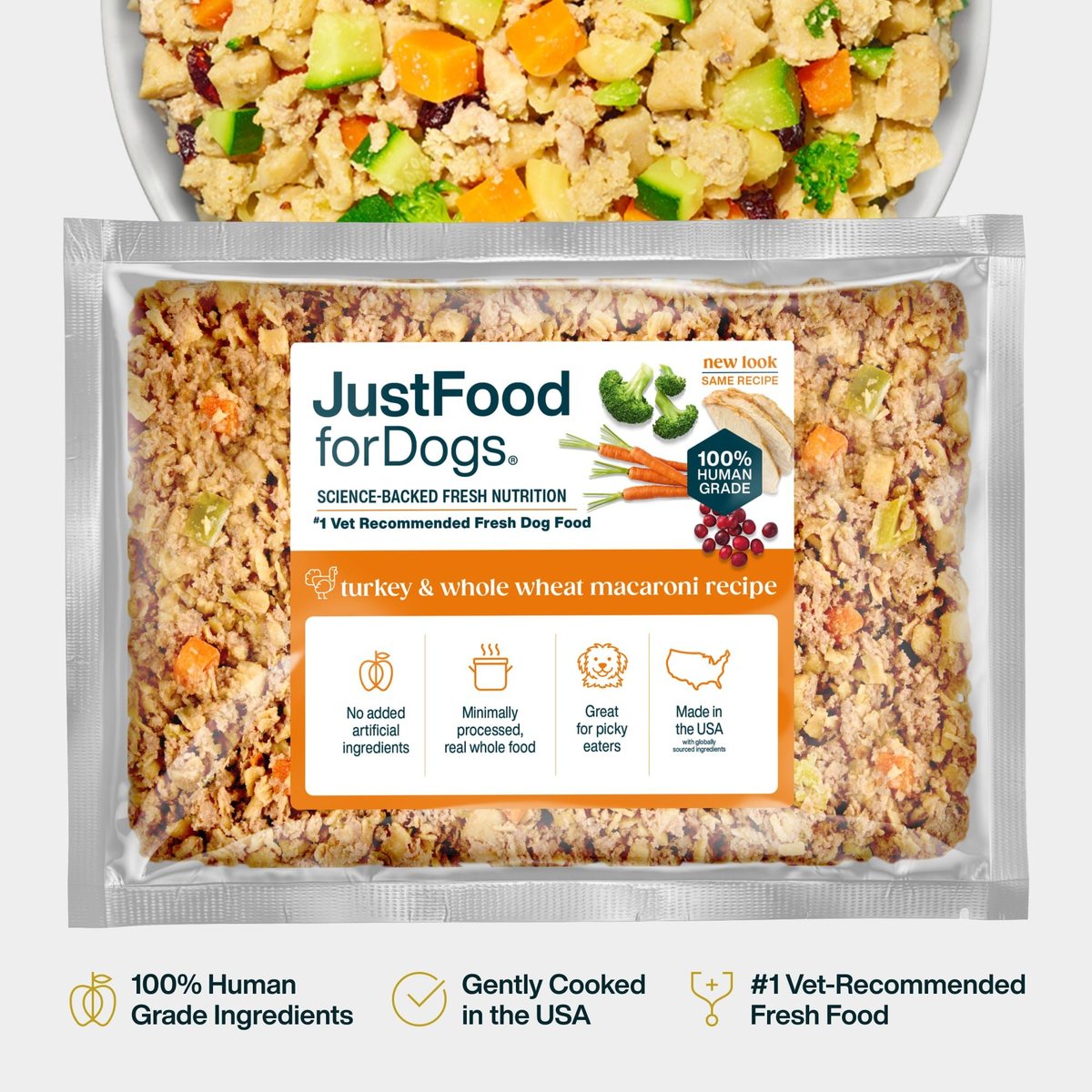 JustFoodForDogs Turkey & Whole Wheat Macaroni package and prepared meal