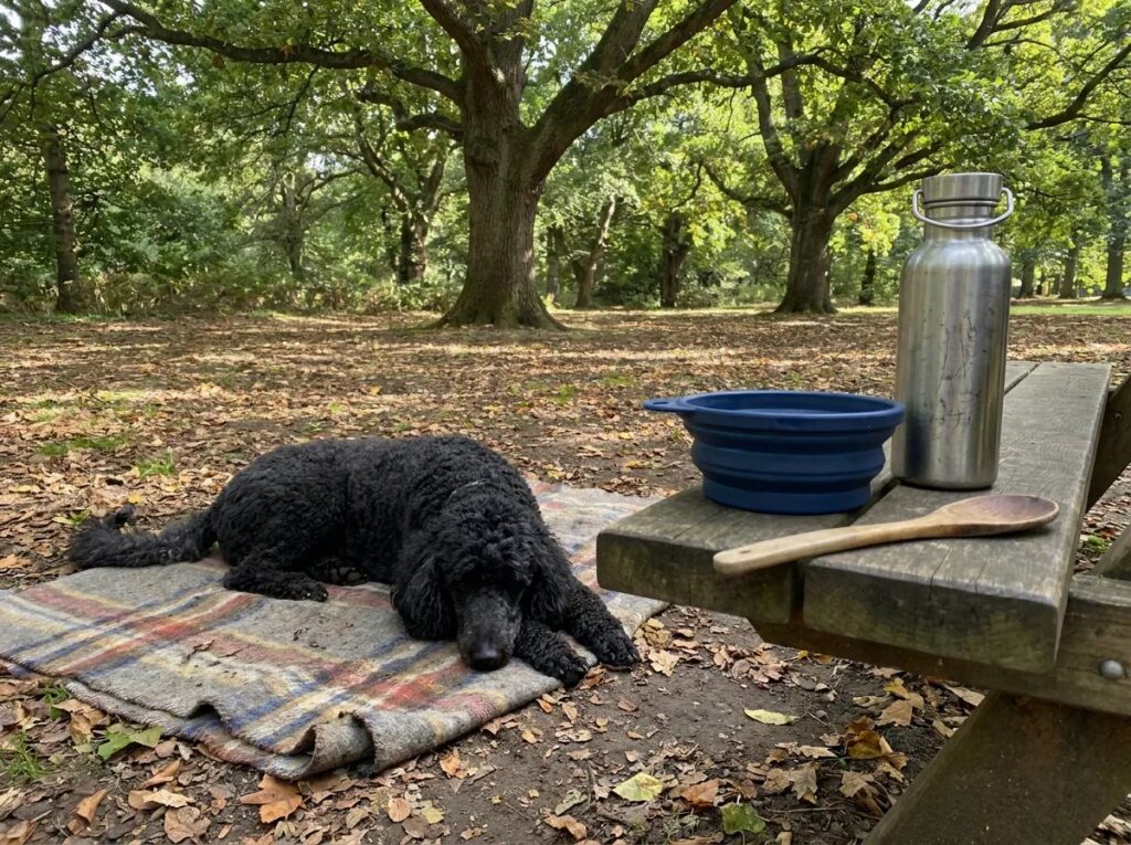 Black dog resting at a shaded picnic stop beside a collapsible bowl, water bottle, and spoon.