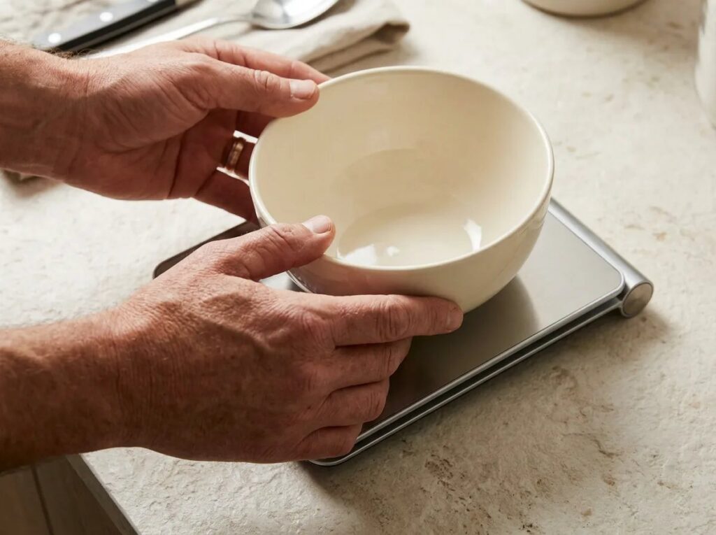 Hands positioning an empty ceramic bowl on a slim kitchen scale.
