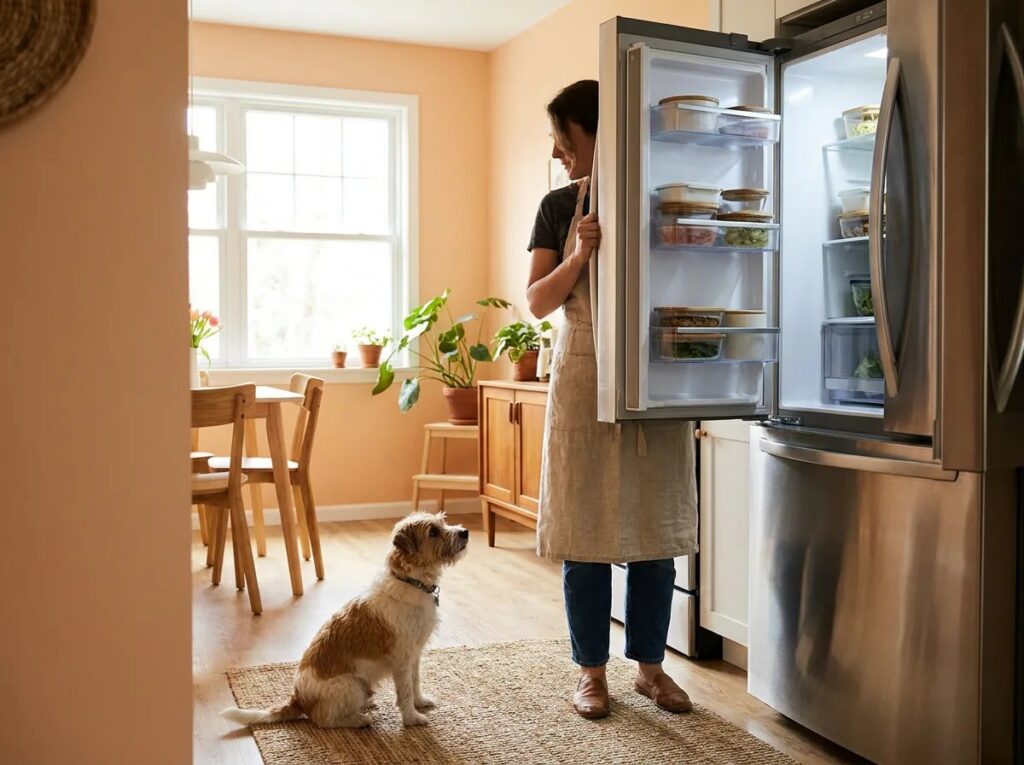Small dog waiting near an owner and an open refrigerator containing lidded containers.