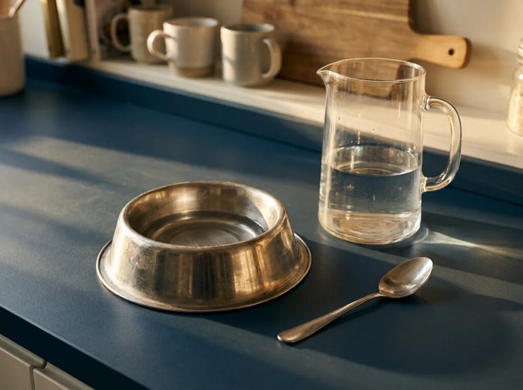Stainless steel bowl beside a clear water jug and spoon on a blue kitchen counter.