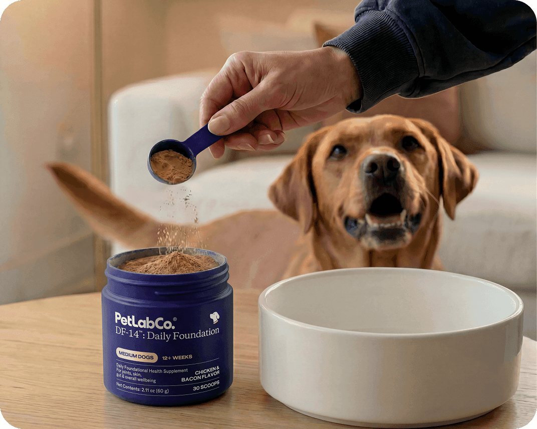 A hand holds a scoop of DF-14 powder above an open tub beside a food bowl and a Golden Retriever.