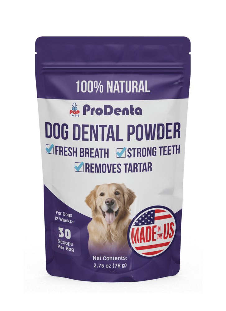 Pup Labs ProDenta dog dental powder pouch front, 30 scoops per bag, 78 g