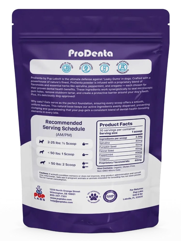 Back of the Pup Labs ProDenta pouch showing the recommended serving schedule and the Product Facts panel listing 2.56 g per scoop